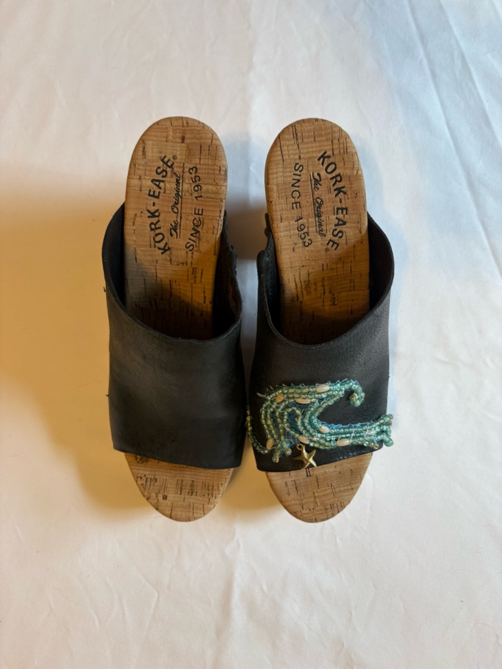 Kork-Ease Black Slide Mules with Turquoise Bead Embellishment